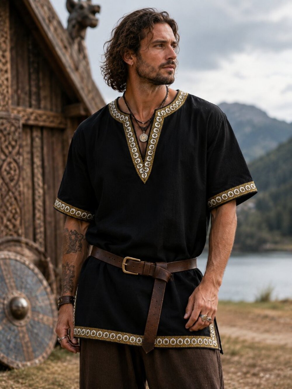 Vintage Medieval Viking Tunic Shirt Black Gold Renaissance Festival Large BOHO